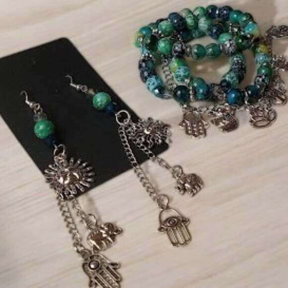 Teal Blue and Green Bohemian Irregular Earrings with Matching Bracelet Stack - Picture 1 of 8